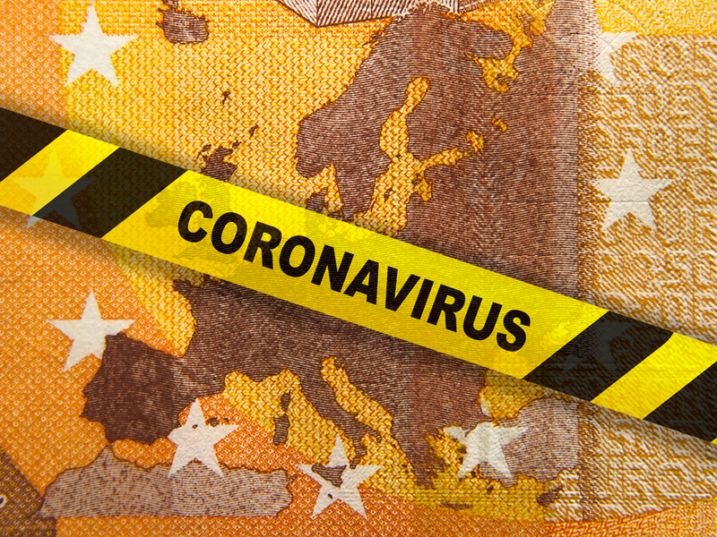 Image of a fifty euro note with a warning banner saying Coronavirus across it.