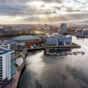 Aerial view of Belfast docklands.