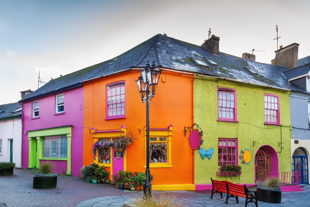 Colourful shops on a street in Ireland.