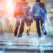 Digital transformation team walking up a stairs.