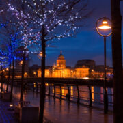 Liffey in Dublin with Christmas lights.