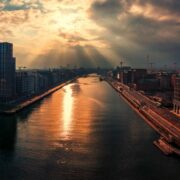 Sun setting over Dublin city.