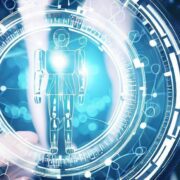 Business person using AI robot to do work tasks.