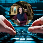 Woman inset on a notebook screen.