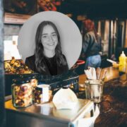 Woman inset on image of busy street kitchen.