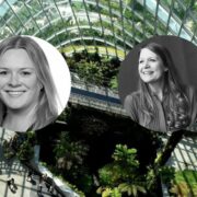 Two women inset on image of garden-filled atrium.