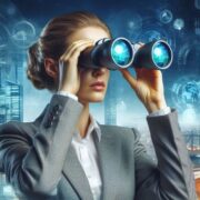 Business woman looking to the future of digital through binoculars.