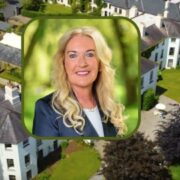 Woman inset on image of hotel resort.