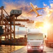 Trucks, plane and shipping as part of a supply chain.