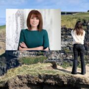 Woman in green dress inset on an image of a woman looking at the coast of Ireland.