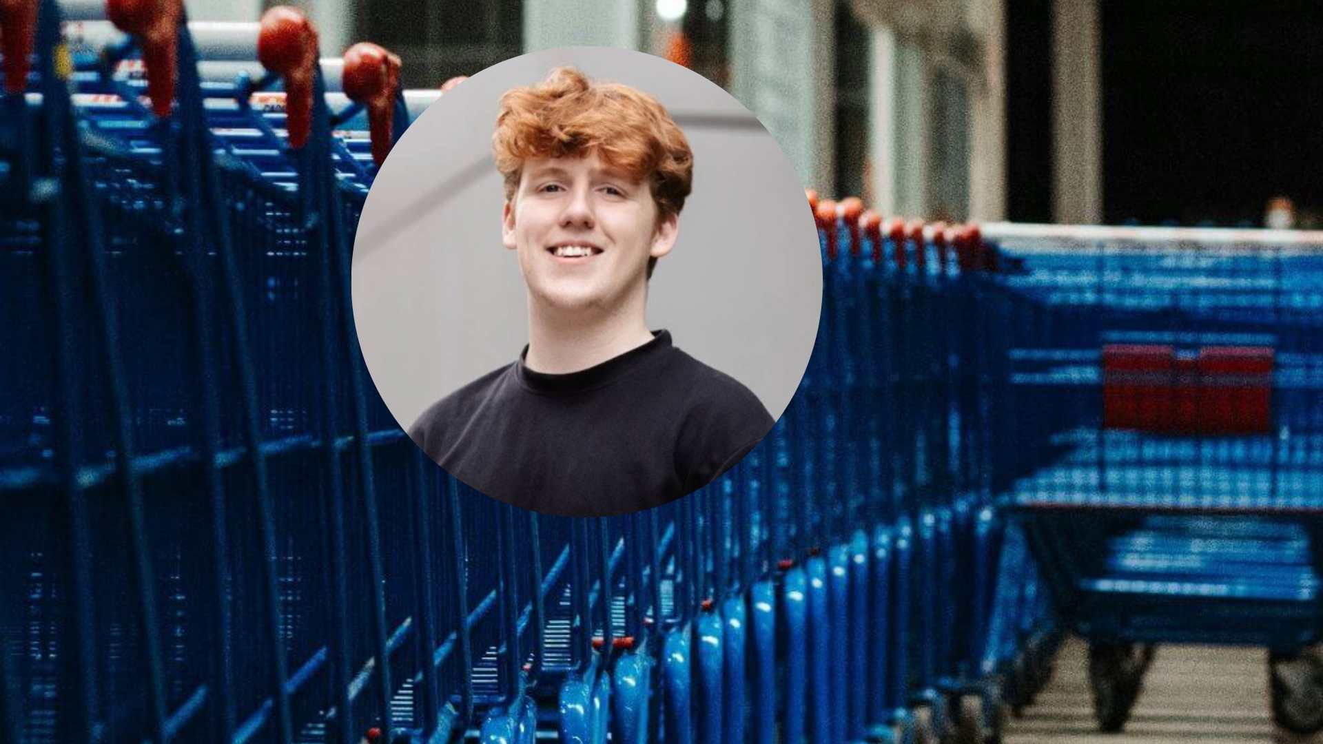 Young man with red hair inset on image of shopping trolleys.