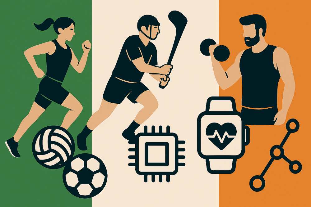 Graphic image showing people enjoying sports with the support of technology.