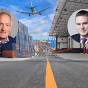 Two men inset on image of warehouses and shipping.